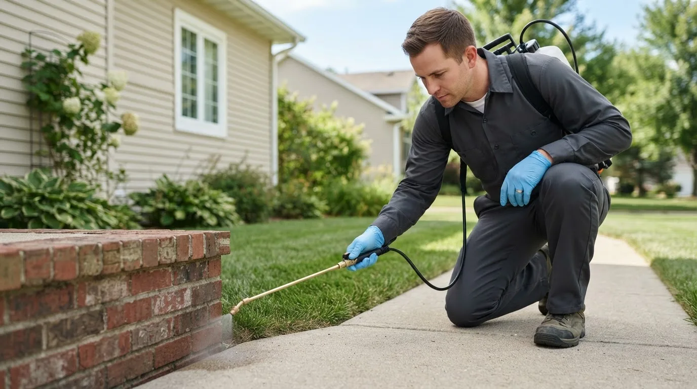 Pest control technician treating a home near Birmingham, MI
